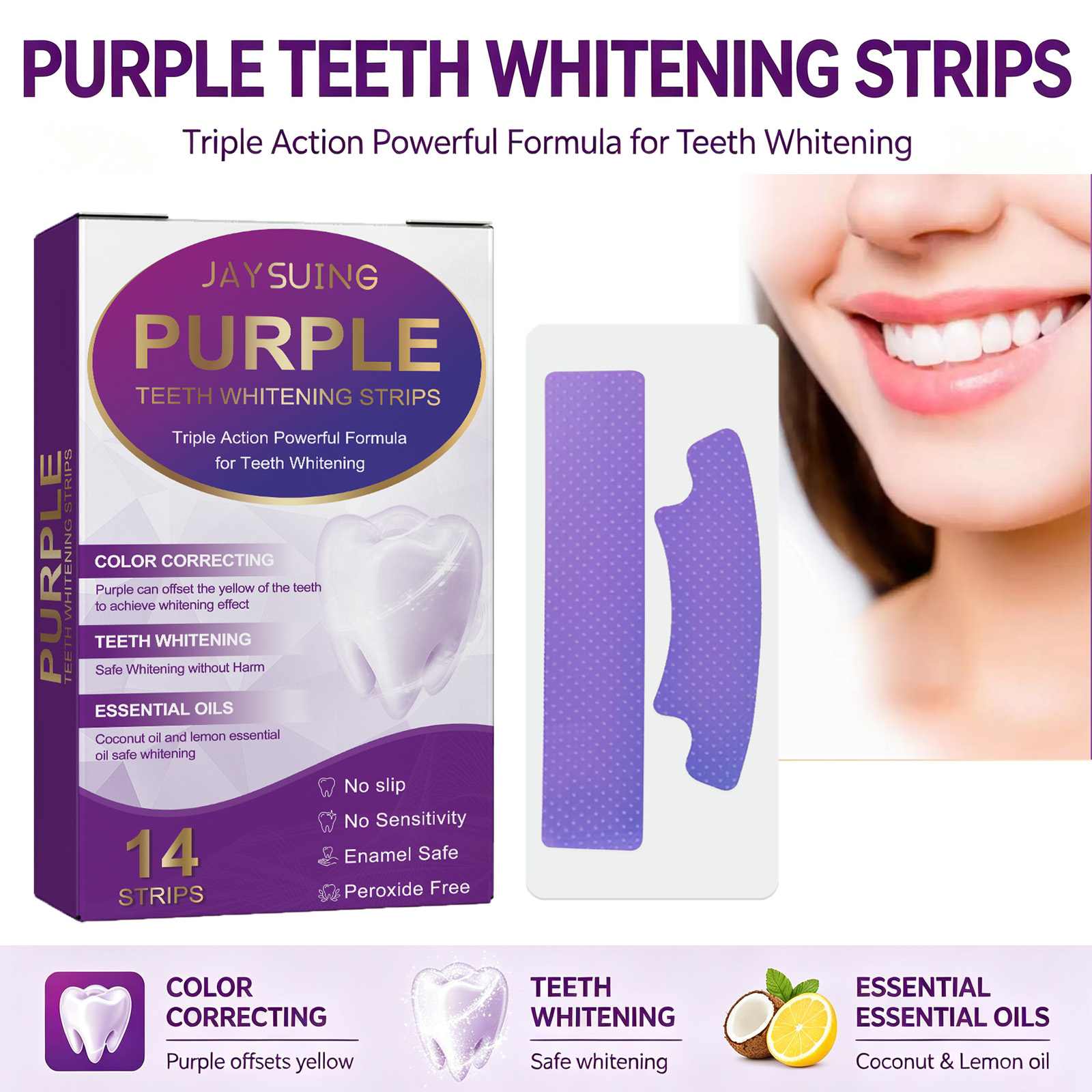Teeth Whitening With Coconut Oil - Fioletowe paski do wybielania zębów, rozjaśniające,